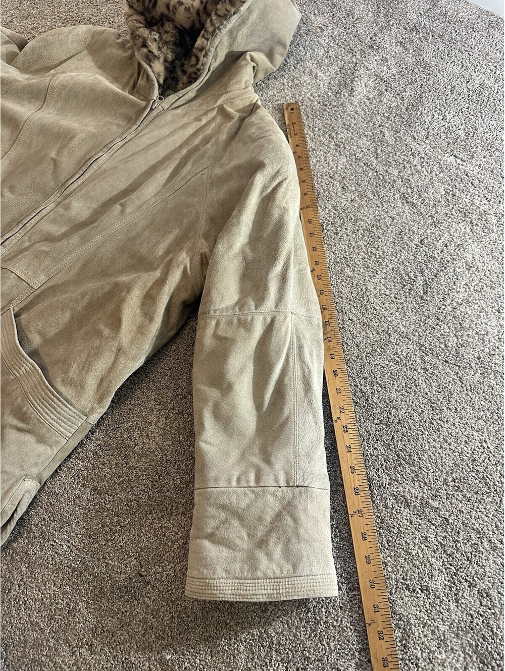 Y2K Leopard Cheetah Print Lined St Johns Bay Suede Hooded Jacket Coat L Petite - Picture 9 of 13